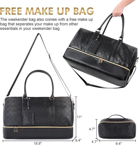 Oflamn Weekender Bags for Women Black Leather Overnight Duffle Bag with Shoe Compartment Large Capacity Make Up Bag Perfect for Travel in Kuwait