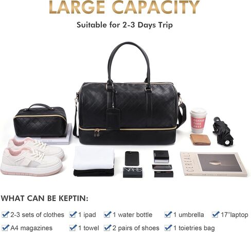 Oflamn Weekender Bags for Women Black Leather Overnight Duffle Bag with Shoe Compartment Large Capacity Make Up Bag Perfect for Travel in Kuwait