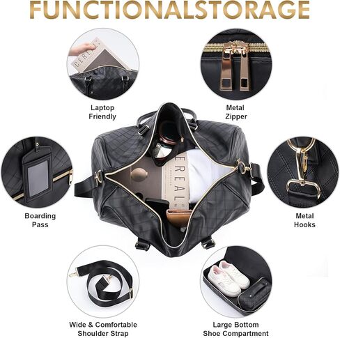 Oflamn Weekender Bags for Women Black Leather Overnight Duffle Bag with Shoe Compartment Large Capacity Make Up Bag Perfect for Travel in Kuwait