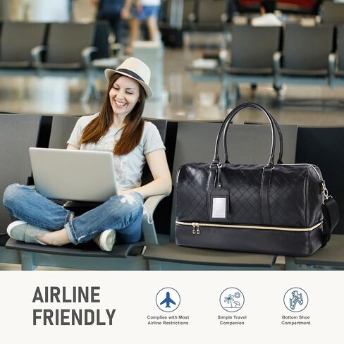 Oflamn Weekender Bags for Women Black Leather Overnight Duffle Bag with Shoe Compartment Large Capacity Make Up Bag Perfect for Travel in Kuwait