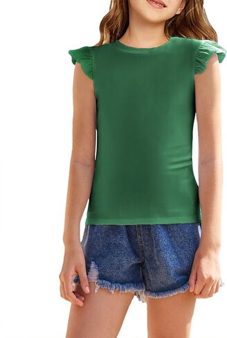 Flypigs Girls T Shirts Ruffle Sleeve Summer Casual Ribbed Knit Crewneck Tee Tops Blouses in Kuwait