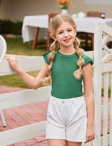 Flypigs Girls T Shirts Ruffle Sleeve Summer Casual Ribbed Knit Crewneck Tee Tops Blouses in Kuwait