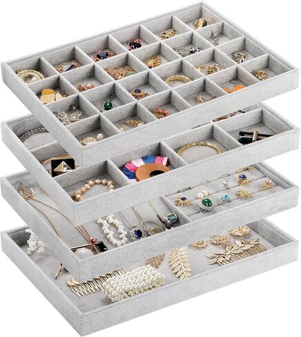 Elsjoy Set of 4 Velvet Jewelry Tray, Large Jewelry Organizer Tray Gray Jewelry Storage Display Tray, Stackable Drawer Insert Jewelry Trays for Earring, Necklace, Bracelet, Ring in Saudi Arabia
