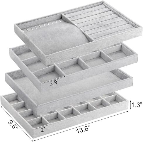 Elsjoy Set of 4 Velvet Jewelry Tray, Large Jewelry Organizer Tray Gray Jewelry Storage Display Tray, Stackable Drawer Insert Jewelry Trays for Earring, Necklace, Bracelet, Ring in Saudi Arabia