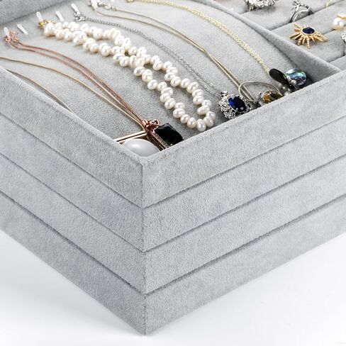Elsjoy Set of 4 Velvet Jewelry Tray, Large Jewelry Organizer Tray Gray Jewelry Storage Display Tray, Stackable Drawer Insert Jewelry Trays for Earring, Necklace, Bracelet, Ring in Saudi Arabia