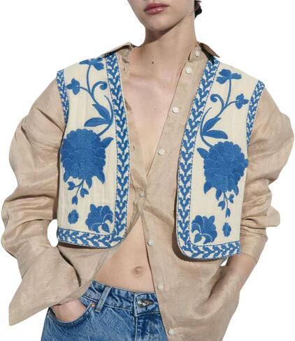Passec Women Y2k Floral Embroidered Vest Vintage Cropped Sleeveless Open Front Cardigan Outerwear Streetwear in Kuwait