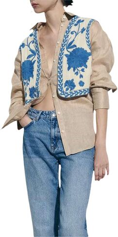 Passec Women Y2k Floral Embroidered Vest Vintage Cropped Sleeveless Open Front Cardigan Outerwear Streetwear in Kuwait