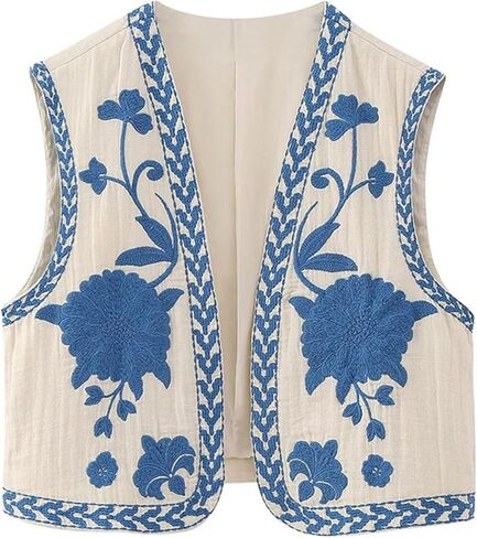 Passec Women Y2k Floral Embroidered Vest Vintage Cropped Sleeveless Open Front Cardigan Outerwear Streetwear in Kuwait