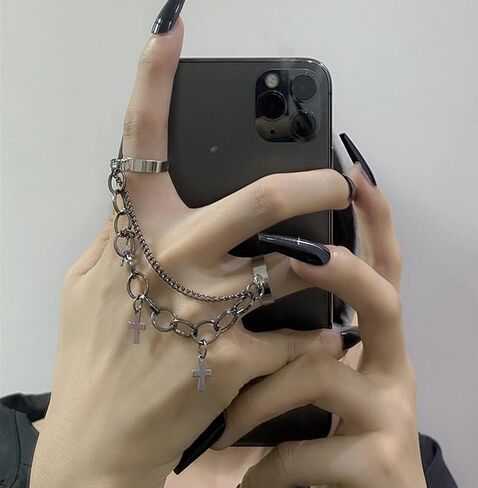 Ubjuliwa 15pcs سلسلة خواتم الاصبع قابل للتعديل خواتم القوطية مجموعة Egirl Eboy خواتم Emo Punk خواتم النساء الجمالية القوطي خواتم مع سلاسل تكويم بيان الدائري in Kuwait