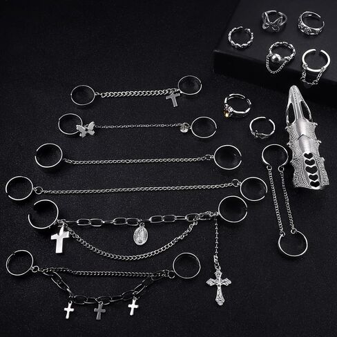 Ubjuliwa 15pcs سلسلة خواتم الاصبع قابل للتعديل خواتم القوطية مجموعة Egirl Eboy خواتم Emo Punk خواتم النساء الجمالية القوطي خواتم مع سلاسل تكويم بيان الدائري in Kuwait