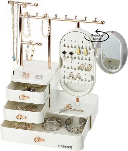 حامل منظم مجوهرات من اليمنسيس، مراة HD مع صينية للاقراط والثقوب، عرض شجرة تخزين معلقة للاساور والساعات والاقراط والخواتم ومستحضرات التجميل - ابيض وذهبي in Kuwait