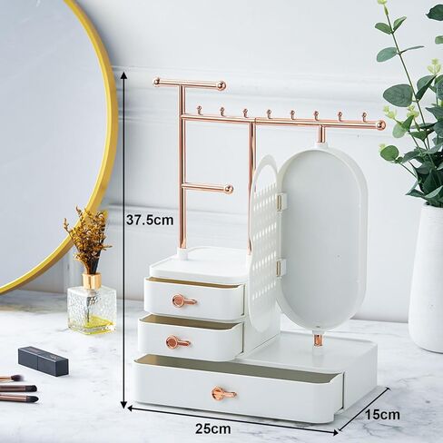 حامل منظم مجوهرات من اليمنسيس، مراة HD مع صينية للاقراط والثقوب، عرض شجرة تخزين معلقة للاساور والساعات والاقراط والخواتم ومستحضرات التجميل - ابيض وذهبي in Kuwait