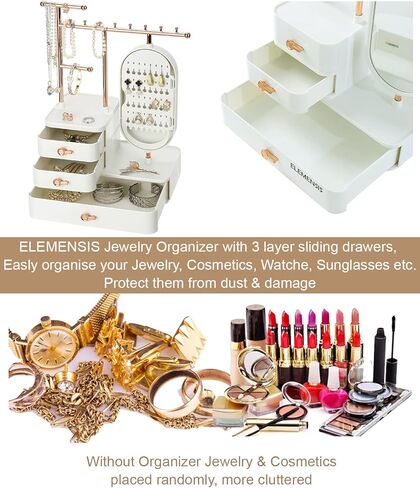 حامل منظم مجوهرات من اليمنسيس، مراة HD مع صينية للاقراط والثقوب، عرض شجرة تخزين معلقة للاساور والساعات والاقراط والخواتم ومستحضرات التجميل - ابيض وذهبي in Kuwait