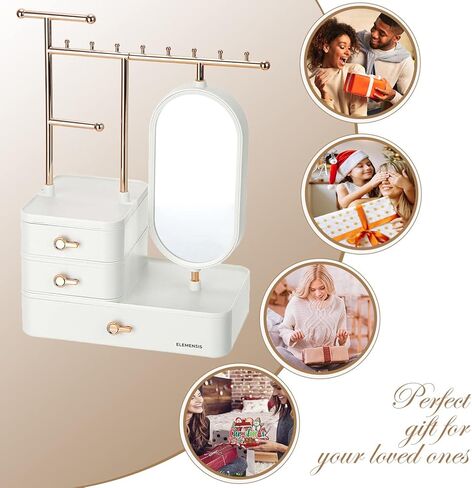 حامل منظم مجوهرات من اليمنسيس، مراة HD مع صينية للاقراط والثقوب، عرض شجرة تخزين معلقة للاساور والساعات والاقراط والخواتم ومستحضرات التجميل - ابيض وذهبي in Kuwait