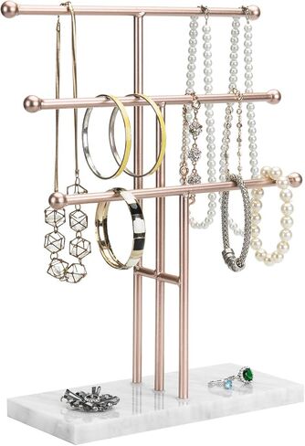 MyGift 3-Tier Rose Gold-Tone Metal Jewelry Stand Organizer, T Bar Necklace and Bracelet Display with Stone Base Ring Tray in Saudi Arabia