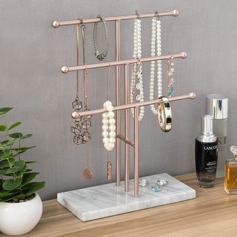MyGift 3-Tier Rose Gold-Tone Metal Jewelry Stand Organizer, T Bar Necklace and Bracelet Display with Stone Base Ring Tray in Saudi Arabia