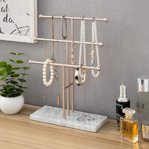 MyGift 3-Tier Rose Gold-Tone Metal Jewelry Stand Organizer, T Bar Necklace and Bracelet Display with Stone Base Ring Tray in Saudi Arabia