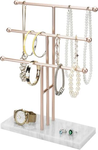 MyGift 3-Tier Rose Gold-Tone Metal Jewelry Stand Organizer, T Bar Necklace and Bracelet Display with Stone Base Ring Tray in Saudi Arabia