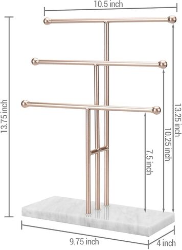 MyGift 3-Tier Rose Gold-Tone Metal Jewelry Stand Organizer, T Bar Necklace and Bracelet Display with Stone Base Ring Tray in Saudi Arabia