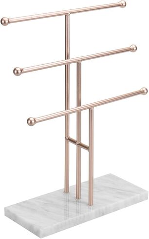 MyGift 3-Tier Rose Gold-Tone Metal Jewelry Stand Organizer, T Bar Necklace and Bracelet Display with Stone Base Ring Tray in Saudi Arabia