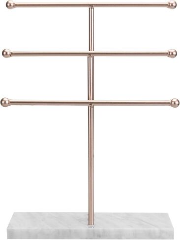 MyGift 3-Tier Rose Gold-Tone Metal Jewelry Stand Organizer, T Bar Necklace and Bracelet Display with Stone Base Ring Tray in Saudi Arabia