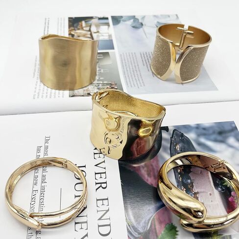 SROBENZ 2-5 Pcs 18K Gold Cuff Bracelets for Women Chunky Bangle Bracelets Hinge Gold Polished Frosted Bracelets Irregular Wrist Cuffs for Teen Girls in Kuwait