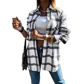 PRETTYGARDEN Women's 2022 Fall Clothes Plaid Shacket Jacket Long Sleeve Button Down Flannel Shirts Fashion Blouse