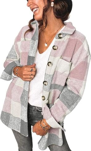 PRETTYGARDEN Women's 2022 Fall Clothes Plaid Shacket Jacket Long Sleeve Button Down Flannel Shirts Fashion Blouse in Saudi Arabia