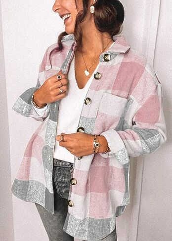 PRETTYGARDEN Women's 2022 Fall Clothes Plaid Shacket Jacket Long Sleeve Button Down Flannel Shirts Fashion Blouse in Saudi Arabia