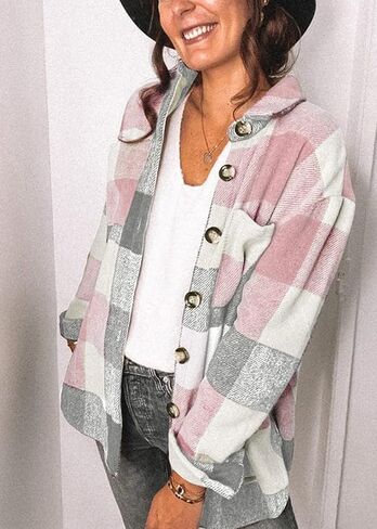 PRETTYGARDEN Women's 2022 Fall Clothes Plaid Shacket Jacket Long Sleeve Button Down Flannel Shirts Fashion Blouse in Saudi Arabia