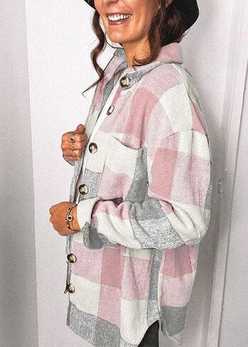 PRETTYGARDEN Women's 2022 Fall Clothes Plaid Shacket Jacket Long Sleeve Button Down Flannel Shirts Fashion Blouse in Saudi Arabia