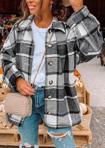 PRETTYGARDEN Women's 2022 Fall Clothes Plaid Shacket Jacket Long Sleeve Button Down Flannel Shirts Fashion Blouse in Saudi Arabia