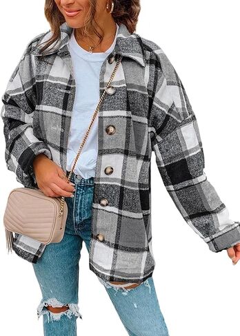 PRETTYGARDEN Women's 2022 Fall Clothes Plaid Shacket Jacket Long Sleeve Button Down Flannel Shirts Fashion Blouse in Saudi Arabia