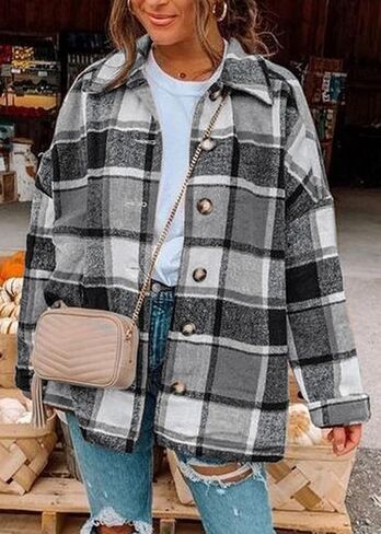 PRETTYGARDEN Women's 2022 Fall Clothes Plaid Shacket Jacket Long Sleeve Button Down Flannel Shirts Fashion Blouse in Saudi Arabia