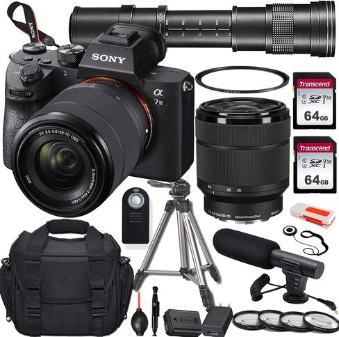 Sony Alpha a7 III Mirrorless Digital Camera with 28-70mm and 420-800mm Telephoto Lens + 2X 64GB Memory Card, UV & Close-up Filters, Microphone, Portable Tripod, Gadget Bag & More in Saudi Arabia