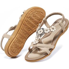 HARENCE Sandals for Women Summer Flats Comfortable Ankle Strap Elastic Dressy Flat Casual Slip on Bohemian Womens Sandals