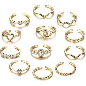 IRONBOX 12 Pcs Adjustable Knuckle Rings for Women 14K Gold Plated Stacking Rings Pack Wave Star Moon Dainty Thumb Open Rings Set