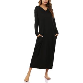 Marvmys Women Cotton Long Nightgowns Long Sleeves Nightshirts V Neck Full Length Sleep Shirts with Pocket