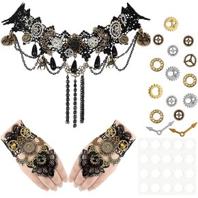 Hicarer 19 Pieces Gothic Steampunk Gear Choker Necklace Punk Black Choker Lace Necklace Steampunk Bracelets Gothic Wristband Ring Steampunk Gear Eye Decals with Adhesive Glue Points Set