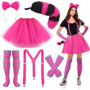 Liitrsh 6 Pcs Striped Cat Costume for Girls Women with Pink and Purple Striped Cat Sock Arm Cover Cat Tail Faux Fur Ear Headband Suspender Clip Tutu Tulle Petticoat for Halloween Cosplay in Saudi Arabia