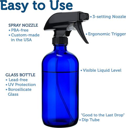 زجاجة بخاخ زجاجية زرقاء فارغة - حاوية كبيرة قابلة لاعادة الملء بسعة 16 اونصة للزيوت العطرية ومنتجات التنظيف او الروائح العلاجية - بخاخ زناد اسود مع اعدادات الرذاذ والتدفق - عبوتان in Kuwait