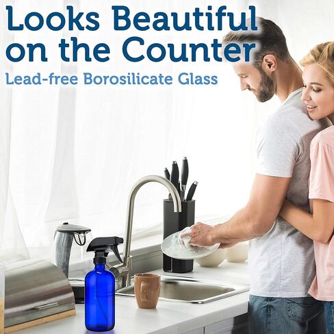 زجاجة بخاخ زجاجية زرقاء فارغة - حاوية كبيرة قابلة لاعادة الملء بسعة 16 اونصة للزيوت العطرية ومنتجات التنظيف او الروائح العلاجية - بخاخ زناد اسود مع اعدادات الرذاذ والتدفق - عبوتان in Kuwait