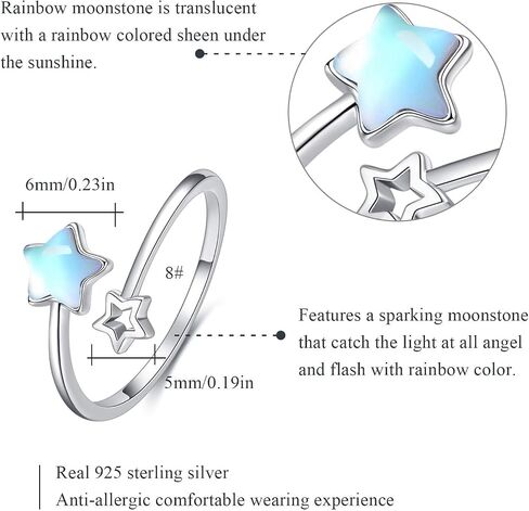 Double Star ring Moonstone Star Ring Crystal Ring Opal Star Ring 925 Sterling Silver Open Ring Adjustable Ring Jewelry Gift for Woman Girl in Saudi Arabia