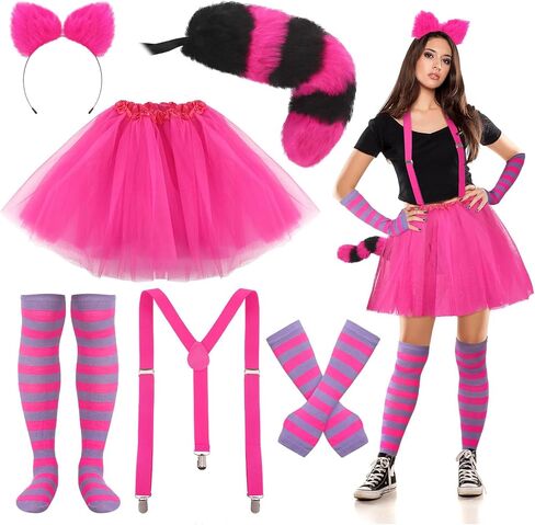 Liitrsh 6 Pcs Striped Cat Costume for Girls Women with Pink and Purple Striped Cat Sock Arm Cover Cat Tail Faux Fur Ear Headband Suspender Clip Tutu Tulle Petticoat for Halloween Cosplay in Saudi Arabia