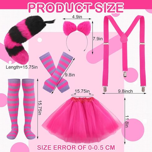Liitrsh 6 Pcs Striped Cat Costume for Girls Women with Pink and Purple Striped Cat Sock Arm Cover Cat Tail Faux Fur Ear Headband Suspender Clip Tutu Tulle Petticoat for Halloween Cosplay in Saudi Arabia
