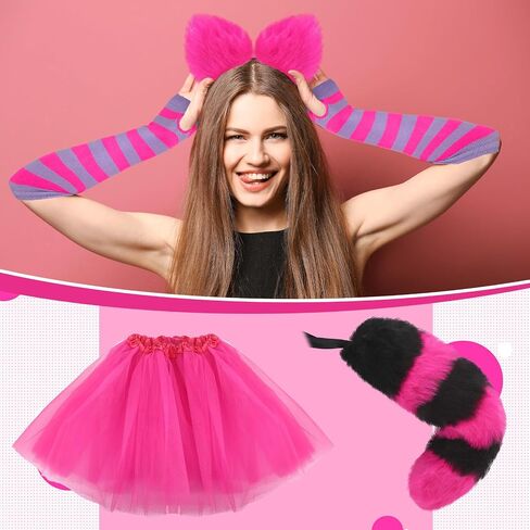 Liitrsh 6 Pcs Striped Cat Costume for Girls Women with Pink and Purple Striped Cat Sock Arm Cover Cat Tail Faux Fur Ear Headband Suspender Clip Tutu Tulle Petticoat for Halloween Cosplay in Saudi Arabia