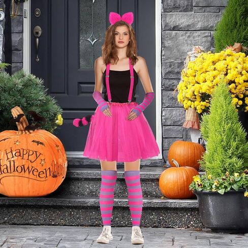 Liitrsh 6 Pcs Striped Cat Costume for Girls Women with Pink and Purple Striped Cat Sock Arm Cover Cat Tail Faux Fur Ear Headband Suspender Clip Tutu Tulle Petticoat for Halloween Cosplay in Saudi Arabia