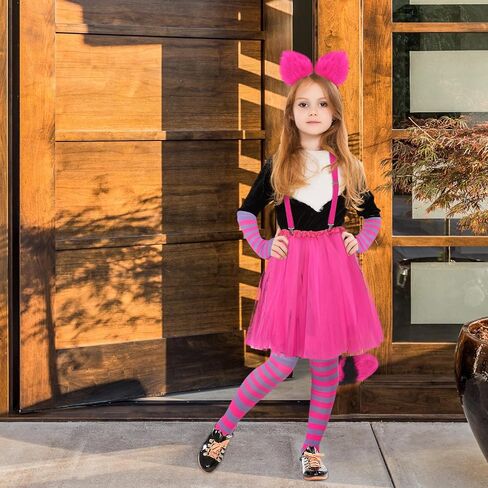 Liitrsh 6 Pcs Striped Cat Costume for Girls Women with Pink and Purple Striped Cat Sock Arm Cover Cat Tail Faux Fur Ear Headband Suspender Clip Tutu Tulle Petticoat for Halloween Cosplay in Saudi Arabia