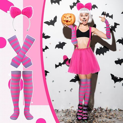 Liitrsh 6 Pcs Striped Cat Costume for Girls Women with Pink and Purple Striped Cat Sock Arm Cover Cat Tail Faux Fur Ear Headband Suspender Clip Tutu Tulle Petticoat for Halloween Cosplay in Saudi Arabia