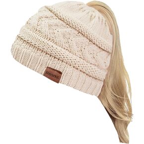 Rosoz 2 Pack Ponytail Beanie for Women,Winter Warm Beanie Tail Soft Stretch Cable Knit Messy High Bun Hat in Kuwait